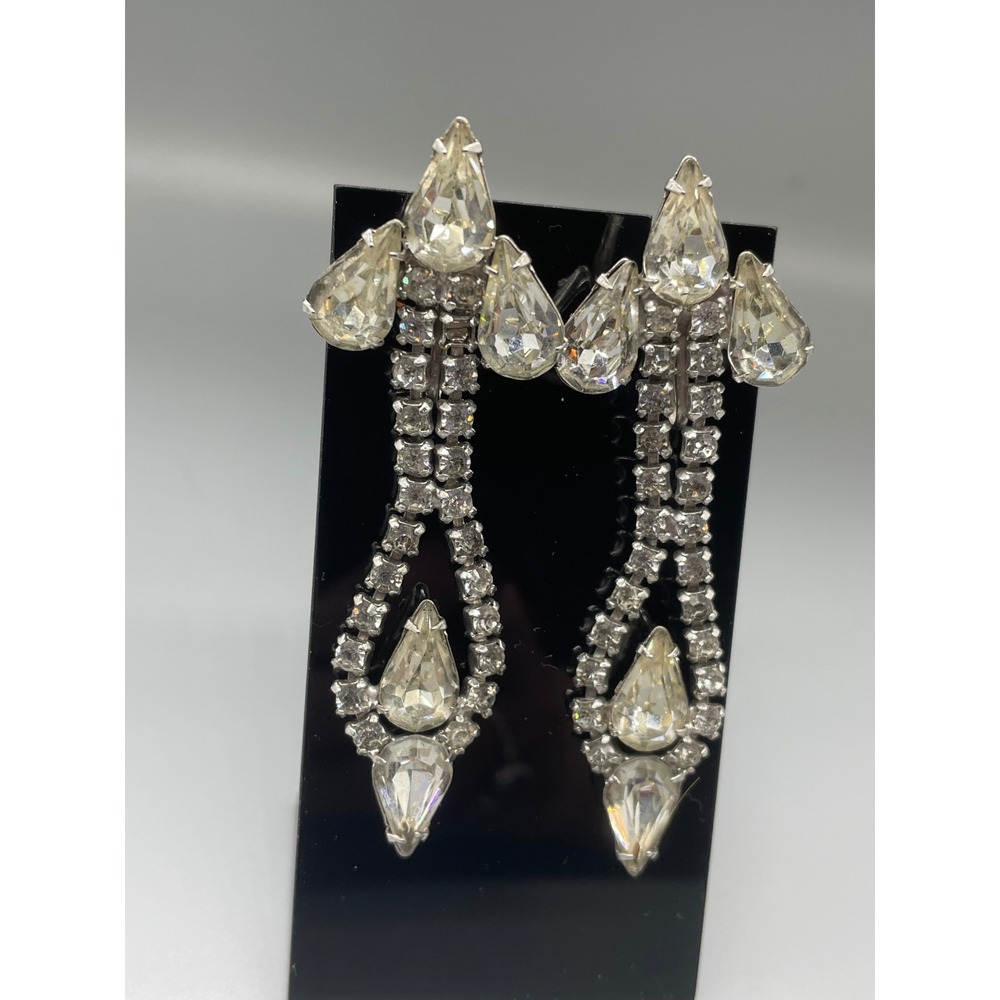 Dangling Crystal Rhinestone Drop Earrings‎ Silver Tone Screw Back